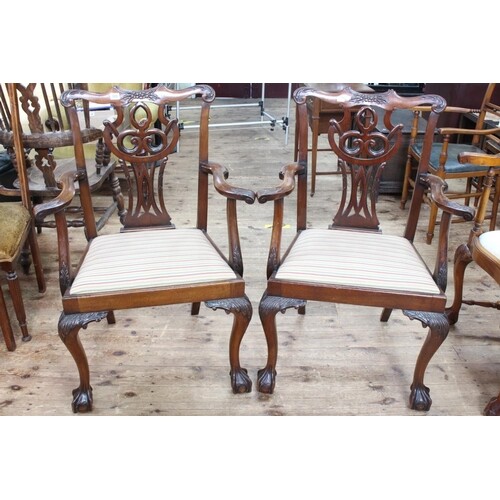 Pair mahogany Chippendale style carver chairs on ball and cl...