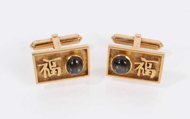 Pair of 14ct gold cufflinks, each rectangular panel set with a dark grey cabochon and Chinese character mark decoration