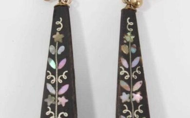 Pair of 19th century piqué work earrings with mother of pearl floral decoration, 50mm length
