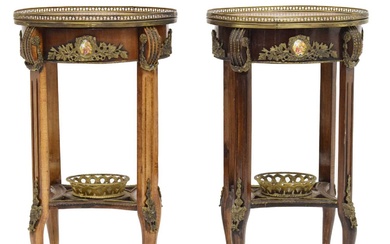 Pair of 20th century French walnut and marquetry two-tier occasional tables