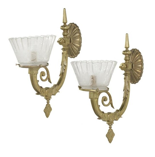 Pair of American Brass and Glass Gas-Type Sconces