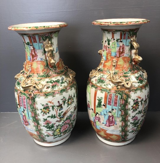 Pair of Canton famille vert pattern vases 36 cm