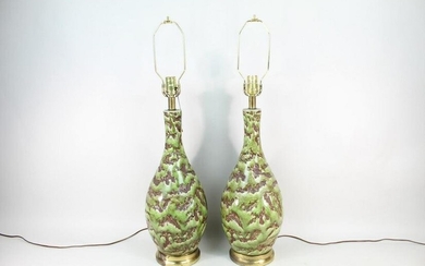Pair of Ceramic Textural Green Glazed Lamps