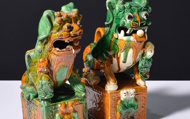 Pair of Chinese Export Sancai Foo Dog Sculptures / Statuettes