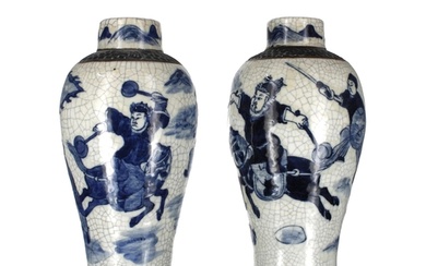 Pair of Chinese blue and white Nanking crackle glaze baluste...