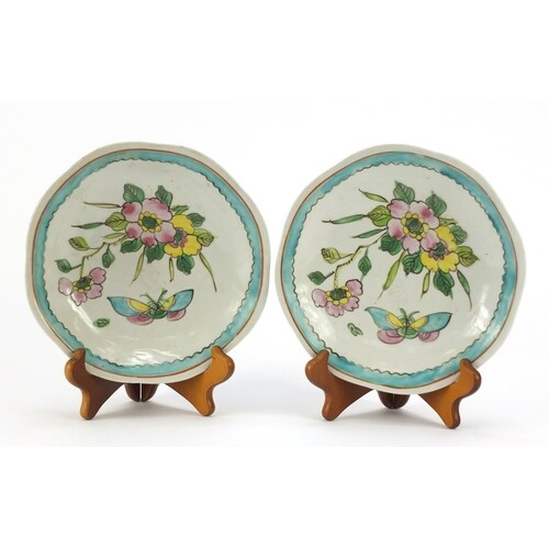 Pair of Chinese porcelain footed plates, hand painted with f...