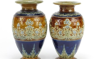 Pair of Doulton Lambeth stoneware vases, hand painted