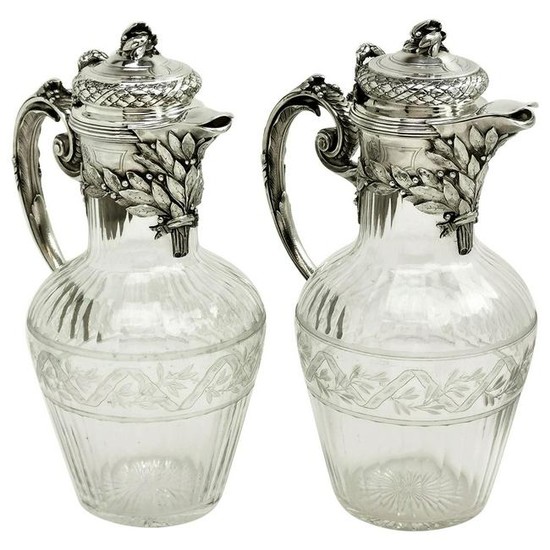 Pair of French Silver and Cut Glass Claret Jug / Wine