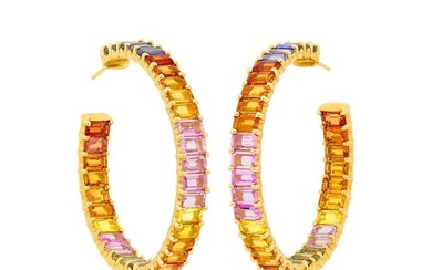 Pair of Gold and Multicolored Sapphire Hoop Earrings