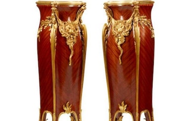 Pair of Large 19th C. Louis VV Style Gilt Bronze Mounted Mahogany Pedestals