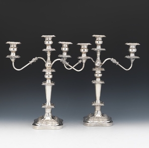Pair of Large Baroque Style Silver Plate Three-Light Candelabra