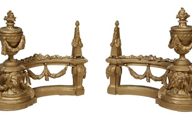 Pair of Louis XV Style Gilt Metal Chenets, 20th c., Each- H.- 16 in., W.- 16 in., D.- 9 in. (2 Pcs.)