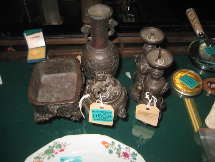 Pair of Oriental Bronze Pricket Candle Stands, Censor, Vase ...