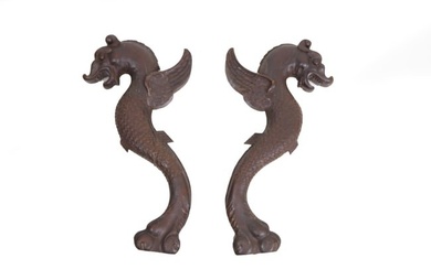 Pair of Walnut Dragon Carvings, 19th c., H.- 18 in., W.- 3 in., D.- 9 1/2 in. (2 Pcs.)