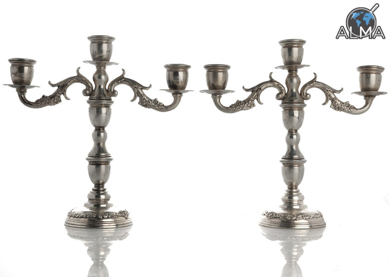Pair of Weighted Silver Tri-Armed Candlesticks Made by 'Miyata'