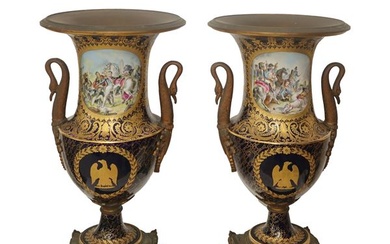 Sevres- Vincennes, Pair of blue porcelain vases with golden decorations and neck decorated with scrolls depicting Napoleon and his troops, nineteenth century