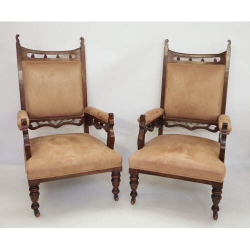 Pair of late Victorian oak-framed armchairs with upholstered...