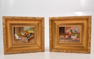 Pair of painted porcelain panels depicting chickens, signed F Clark.