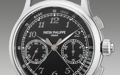 Patek Philippe, Ref. 5370P-001 A very attractive and rare platinum split seconds chronograph wristwatch with black enamel dial, Breguet numerals, additional caseback, Certificate of Origin and presentation box