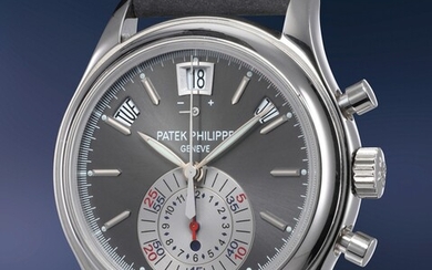 Patek Philippe, Ref. 5960P A highly rare and attractive platinum annual calendar chronograph wristwatch, certificate of origin and presentation box