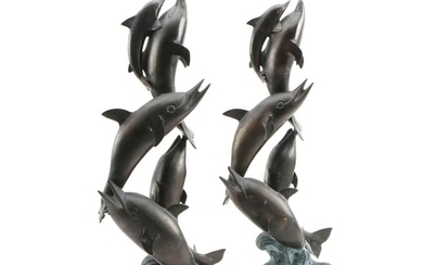 Patinated Metal Dolphin Figural Sculptures