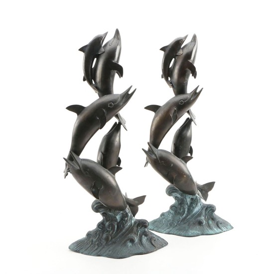 Patinated Metal Dolphin Figural Sculptures
