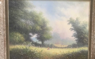 Paul Morgan (b. 1940) oil on canvas figures in a meadow