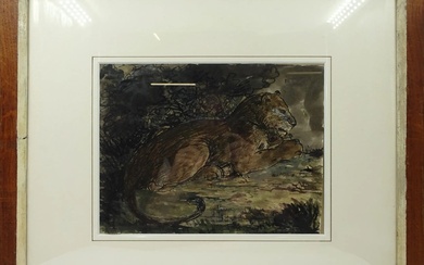 Paul SIMON (1892-1979). Lionne couchée. Dessin à l'encre et à l'aquarelle, signée à droite, cachet...