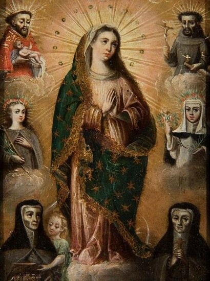 Peruvian school of the 18th century. "PurÃ sima with Saints and donor nuns". Oil on copper.