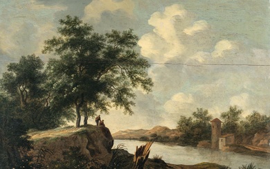 Pieter Cosijn (?) (1630 Rijswijk – Den Haag nach 1667) – Flusslandschaft mit zwei Figuren auf einer Anhöhe