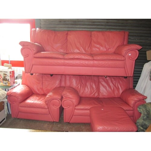 Pink Leather Three Seater Sofa with Two Matching Arm Chairs ...