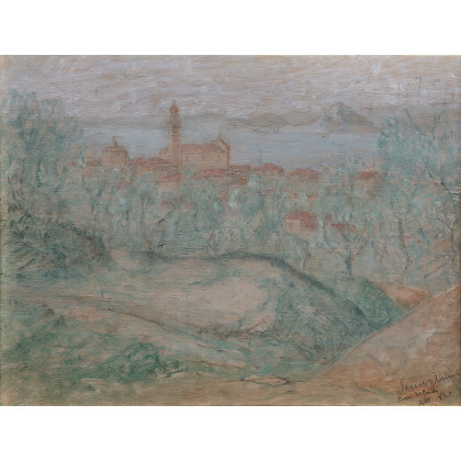 Pio Semeghini ( Quistello 1878 - Verona 1964 ) , "Torri del Garda" settembre 1945 olio su compensato (cm 28x36) Firmato, locato e datato in basso a destra Al retro:...
