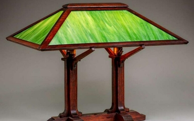 Prairie School Oak & Slag Glass Double Base Lamp c1910