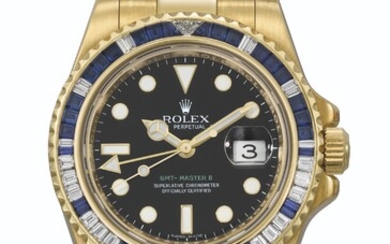ROLEX. A RARE AND ATTRACTIVE 18K GOLD, DIAMOND AND SAPPHIRE-SET AUTOMATIC DUAL TIME WRISTWATCH WITH SWEEP CENTRE SECONDS, DATE AND BRACELET