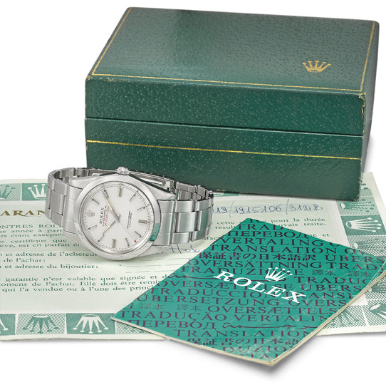 ROLEX. A RARE STAINLESS STEEL AUTOMATIC WRISTWATCH WITH BRACELET, ORIGINAL GUARANTEE AND BOX, SIGNED ROLEX, OYSTER PERPETUAL, MILGAUSS, REF. 1019, CASE NO. 1’915’106, CIRCA 1968