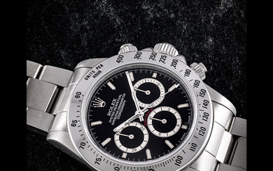 ROLEX. A VERY RARE STAINLESS STEEL AUTOMATIC CHRONOGRAPH WRISTWATCH WITH BRACELET AND “4-LINE” DIAL DAYTONA MODEL, REF. 16520, “4-LINE” MK 2 DIAL, L-SERIES, CIRCA 1990