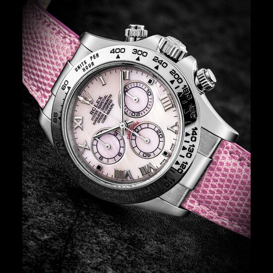 ROLEX. AN 18K WHITE GOLD AUTOMATIC CHRONOGRAPH WRISTWATCH WITH PINK MOTHER-OF-PEARL DIAL DAYTONA MODEL, “BEACH”, REF. 116519, CIRCA 2002