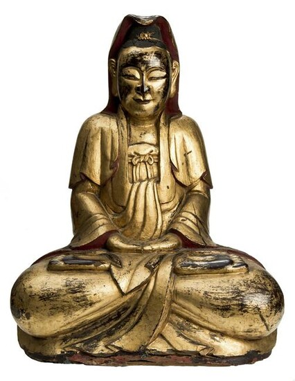 Rare Gilt Lacquered Wood Statue of Bodhisattva Guanyin.