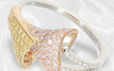 Ring: like new elegant tricolour brilliant-cut diamond ring, white, yellow and pink brilliant-cut diamonds