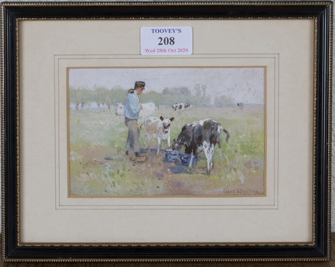 Robert Meyerheim - 'In Holland' (Man feeding Calves), watercolour and gouache, signed rect