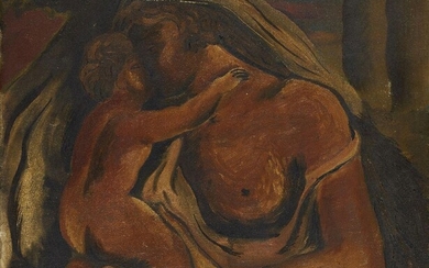 Roland Pym, British 1905-2010 - Mother and Child (with 'Male Portrait Study' on the reverse); oil on canvas, signed lower left 'Roland Pym' and inscribed with title and partial date on the reverse, 41 x 46 cm (unframed) (ARR) Note: celebrated for...