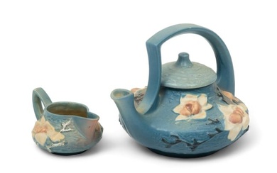 Roseville Pottery (American) 'Magnolia' Teapot And Creamer, Ca. 1930, H 7.75" W 8" L 10.5" 2 pcs