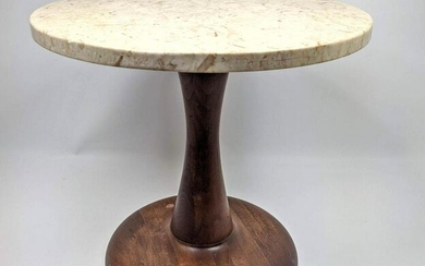 Round Stone Top Pedestal Base Low Side Table. Walnut ba