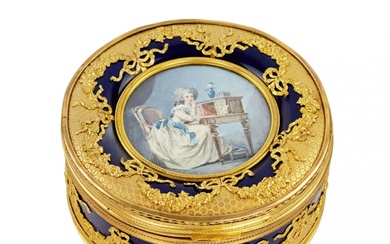 Round porcelain box with a miniature in the style of...