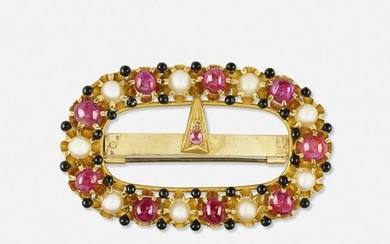 Ruby, cultured pearl, and gold buckle brooch