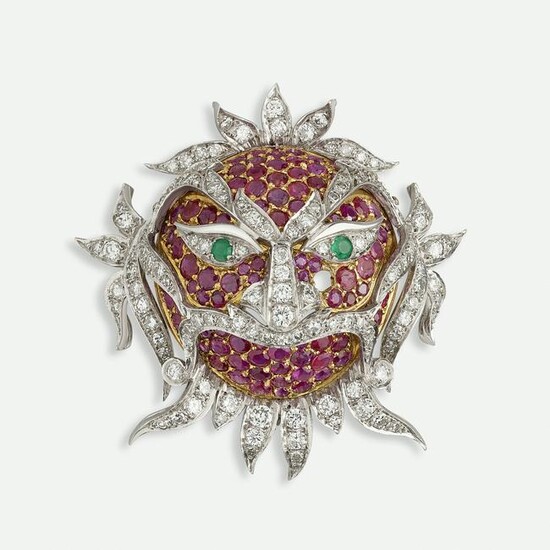 Ruby, diamond, and emerald mask brooch