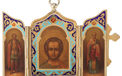 Russian Silver Gilt and Champleve Enamel Presentation Triptych Icon