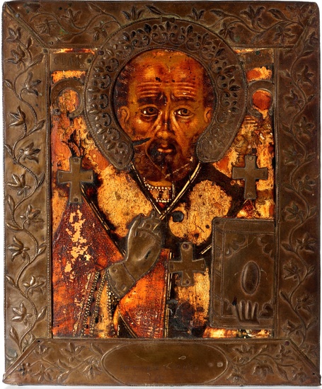 Russland Ikone Nikolaus von Myra mit Messingoklad 19. Jahrhundert, russian icon Saint Nicholas with brass...