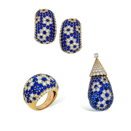 SAPPHIRE AND DIAMOND PENDANT, EARRING AND RING SUITE, VAN CLEEF & ARPELS