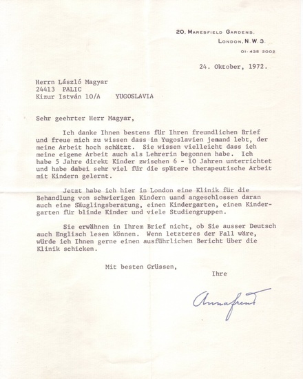 (SCIENTISTS.) FREUD, ANNA. Typed Letter Signed, to László Magyar, in German, mentioning her...